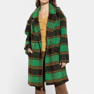 QED LONDON/ ASOS Double-Breasted Longline Coat, Green Check, Size 12 (UK 16).